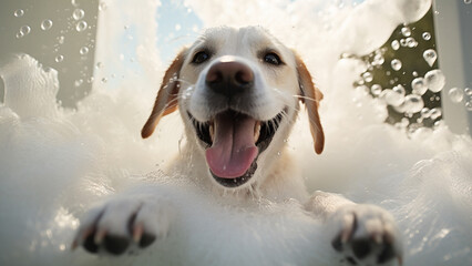 Smiling Labrador Retriever takes a bath in the bathroom