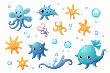  Sea animals, doodle cartoon set with hand drawn sea life elements, illustration. 