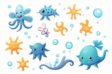 Fototapete Meeresleben  Sea animals, doodle cartoon set with hand drawn sea life elements, illustration. 