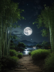 At night the round moon is seen over the bamboo tree Generative AI