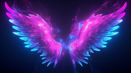 abstract neon angel wings illuminated by pink and blue lights on black background, Ai generated image - obrazy, fototapety, plakaty