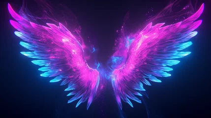 Fotobehang abstract neon angel wings illuminated by pink and blue lights on black background, Ai generated image © Trendy Image Two