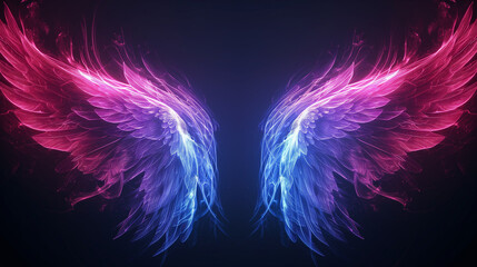 abstract neon angel wings illuminated by pink and blue lights on black background, Ai generated image - obrazy, fototapety, plakaty