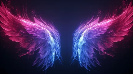 Fotobehang abstract neon angel wings illuminated by pink and blue lights on black background, Ai generated image © Trendy Image Two