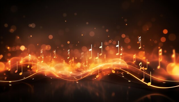 Abstract glowing orange music notes on a dark background with light particles and waves.