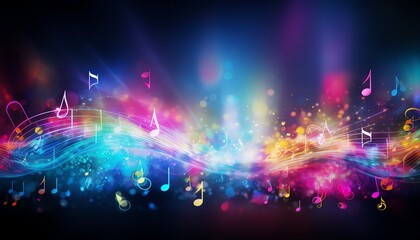 Colorful abstract music background with vibrant musical notes and dynamic waves on a dark backdrop. - obrazy, fototapety, plakaty