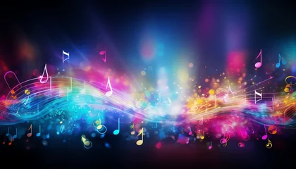 Fotobehang Colorful abstract music background with vibrant musical notes and dynamic waves on a dark backdrop. © BackVision Studio