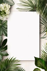 Fototapeta na wymiar botanical frame background vertical with white frame in the middle