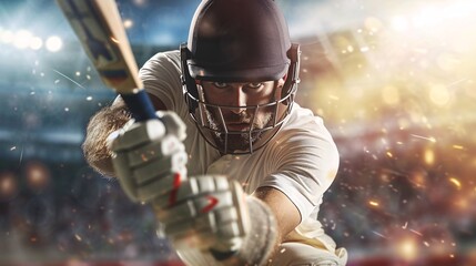 Close-up of a Cricket player in action, batting a ball in a game of Cricket. - obrazy, fototapety, plakaty