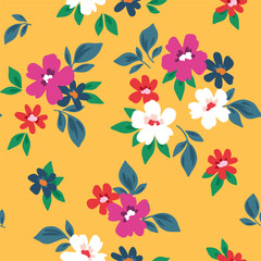 Seamless floral pattern, liberty ditsy print of pretty hand drawn flowers. Cute botanical design in a summer retro motif: simple small multi-colored flowers, tiny leaves on yellow. Vector illustration