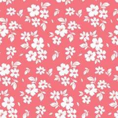Seamless floral pattern, liberty ditsy print in a romantic sketch motif. Cute botanical design in spirit colors: small hand drawn flowers, tiny leaves, simple bouquets on pink. Vector illustration.