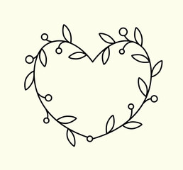 Linear frame in the shape of a heart, a wreath with small berries, leaves. Minimalist frame with floral, botanical decor. Graphic design element in simple line art style. Black and white vector.