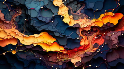 A digital abstract of blue and orange organic shapes connected by delicate lines