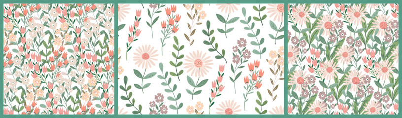 Seamless floral pattern, cute ditsy print of large chamomile flowers in the collection. Botanical design in pastel colors: simple hand drawn flowers, leaves on a white background. Vector illustration.