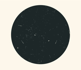 Black circle with a texture of scratches, grain, abrasions. Graphic design element in minimalist poster style, round texture background. Vector illustration in abstract geometric motif.