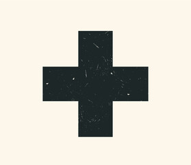 Graphic design element. The shape of a cross with a broken texture of scratches and abrasions in a grunge style. Cross stamp isolated. Black and white vector illustration in a minimalist poster motif.