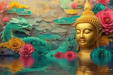 golden Buddha with colorful paper cut clouds and flowers and a dragon, nature background