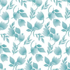 Seamless floral pattern, abstract ditsy print in watercolor folk style. Delicate botanical design for wallpaper, textile, ect: pattern of small blue flowers on a white background. Vector illustration.
