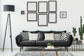 Chic Living Room with Patterned Pillows.
Chic living room featuring a stylish black sofa adorned with patterned pillows and framed wall art.