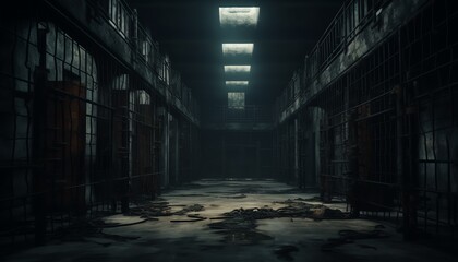 Dimly lit abandoned prison hallway with cell doors and scattered debris, evoking a sense of mystery and desolation. - obrazy, fototapety, plakaty