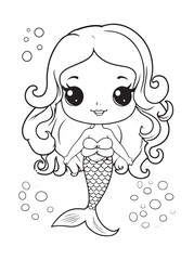 Happy little mermaid girl, vector doodle illustration. Coloring page for kids