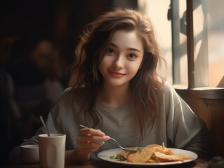 Portrait of a beautiful young woman having breakfast in a cafe.