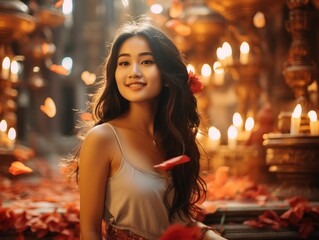 Portrait of a beautiful asian woman with red rose petals