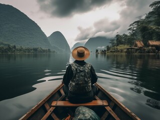 Man in a boat on the lake with mountain background, - obrazy, fototapety, plakaty