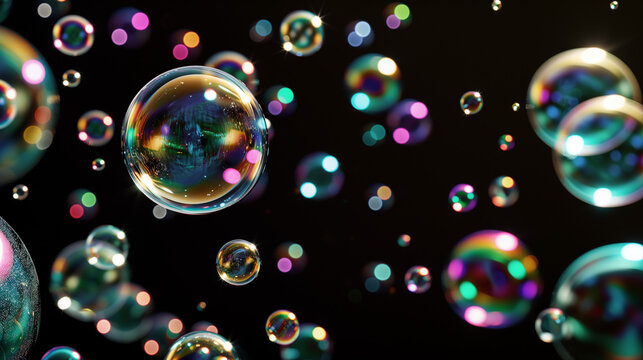 Iridescent Soap Bubbles Floating in the Dark: A Photorealistic Display of Colorful Light Reflections and Shiny Spheres on a Black Background.