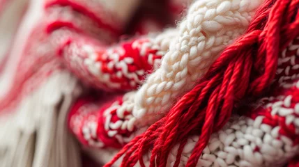 Foto op Canvas A close-up of a Martisor pinned to a cozy winter scarf, the red and white threads gently swaying in the breeze. The contrast against the fabric highlights the cultural significance © Kateryna Arkhypova