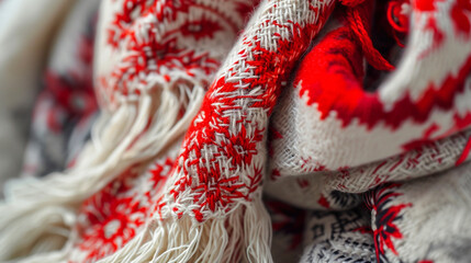 A close-up of a Martisor pinned to a cozy winter scarf, the red and white threads gently swaying in the breeze. The contrast against the fabric highlights the cultural significance
