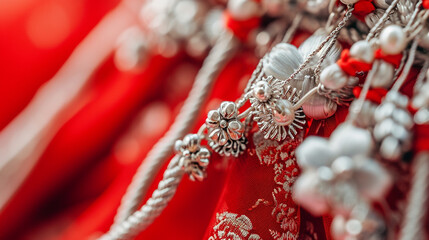 A macro shot capturing the intricate details of a Martisor adorned with small silver charms, showcasing the meticulous craftsmanship and artistic expression within the traditional