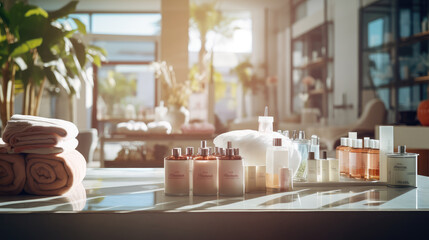 Capturing the peaceful ambiance of luxury spa relaxation, this blurred background provides a perfect setting for themes of health, beauty, and calm.