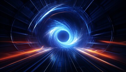 Abstract digital wormhole, blue sci-fi tunnel with light effects. Concept of space travel or quantum leap.