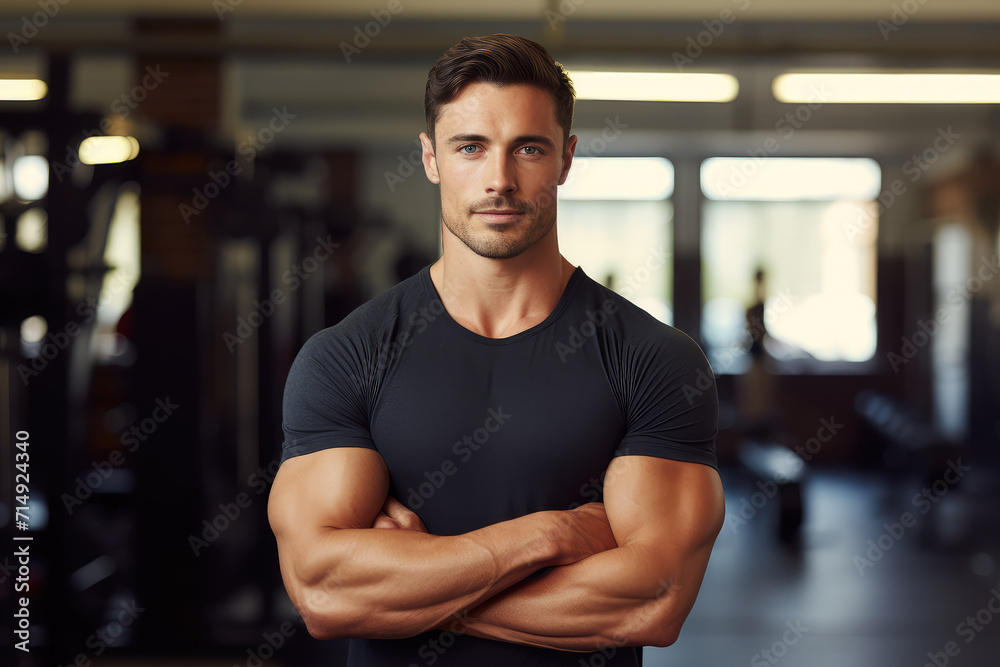 Wall mural this striking portrait showcases a muscular and athletic man in a modern gym setting, exuding focus 