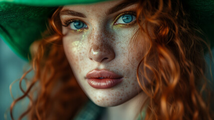 portrait of beautiful woman on green background, happy st.patricks day, ai