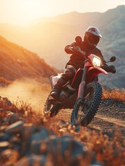A skilled biker in complete motorcycle gear riding an enduro bike on a mountain road during sunset, with a 3D background, representing the idea of fast motorcycling as a hobby and journey. - obrazy, fototapety, plakaty