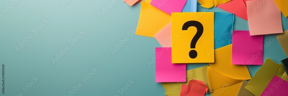 Poster colorful post it notes with question mark concept isolated on bright blue background