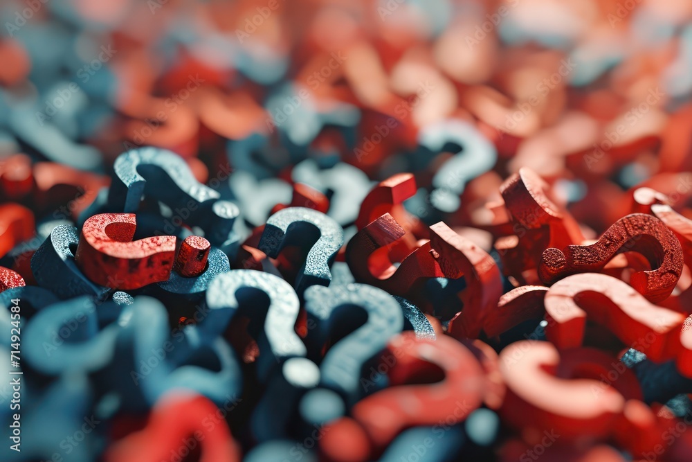Poster sea of red and blue question marks in a close-up view, concept of confusion.