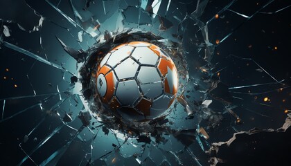 3D illustration of a soccer ball breaking through glass with dynamic shattering effect, symbolizing power and breakthrough.