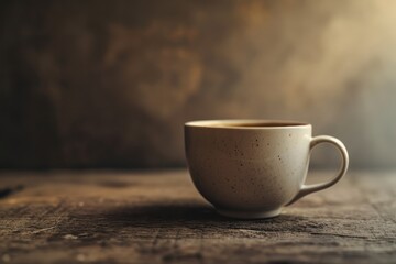 Ceramic coffee cup on rustic wooden table with dark moody lighting