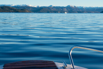 Norway Motorboat traveling the fjords during the winter time. Rogaland Norway