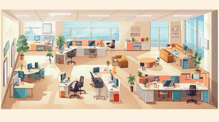 Modern office workspace with empty desk and computer, isometric illustration with flat design concept, corporate building in the background.
