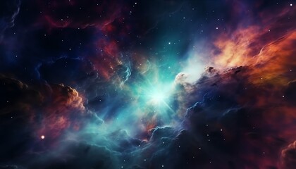 Vibrant cosmic nebula with interstellar clouds of gas and dust in deep space, suitable for backgrounds and wallpapers. - obrazy, fototapety, plakaty