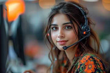 Indian call center employee assisting customers - obrazy, fototapety, plakaty