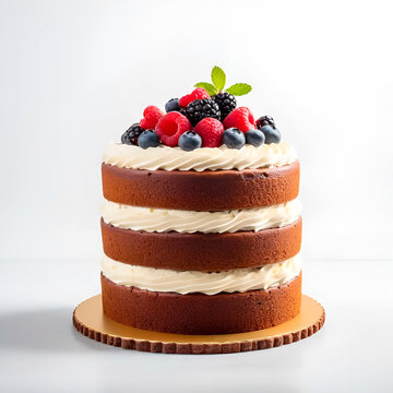 Photo of a birthday cake with berries on white background