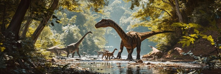 Fototapeta premium variety of dinosaurs coexist near serene stream in a sunlit, verdant Jurassic forest environment