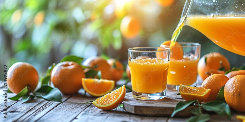 Wall mural filling a glass with orange juice on a wooden table in an orange orchard.