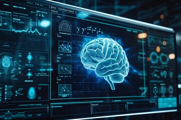 A 3D Brain Model on a Computer Screen Generative AI - obrazy, fototapety, plakaty
