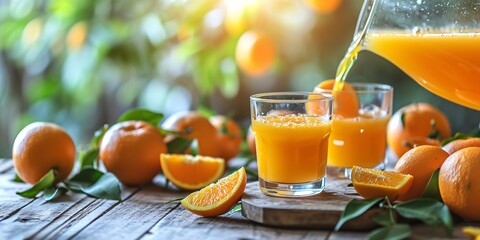 Filling a glass with orange juice on a wooden table in an orange orchard. - obrazy, fototapety, plakaty
